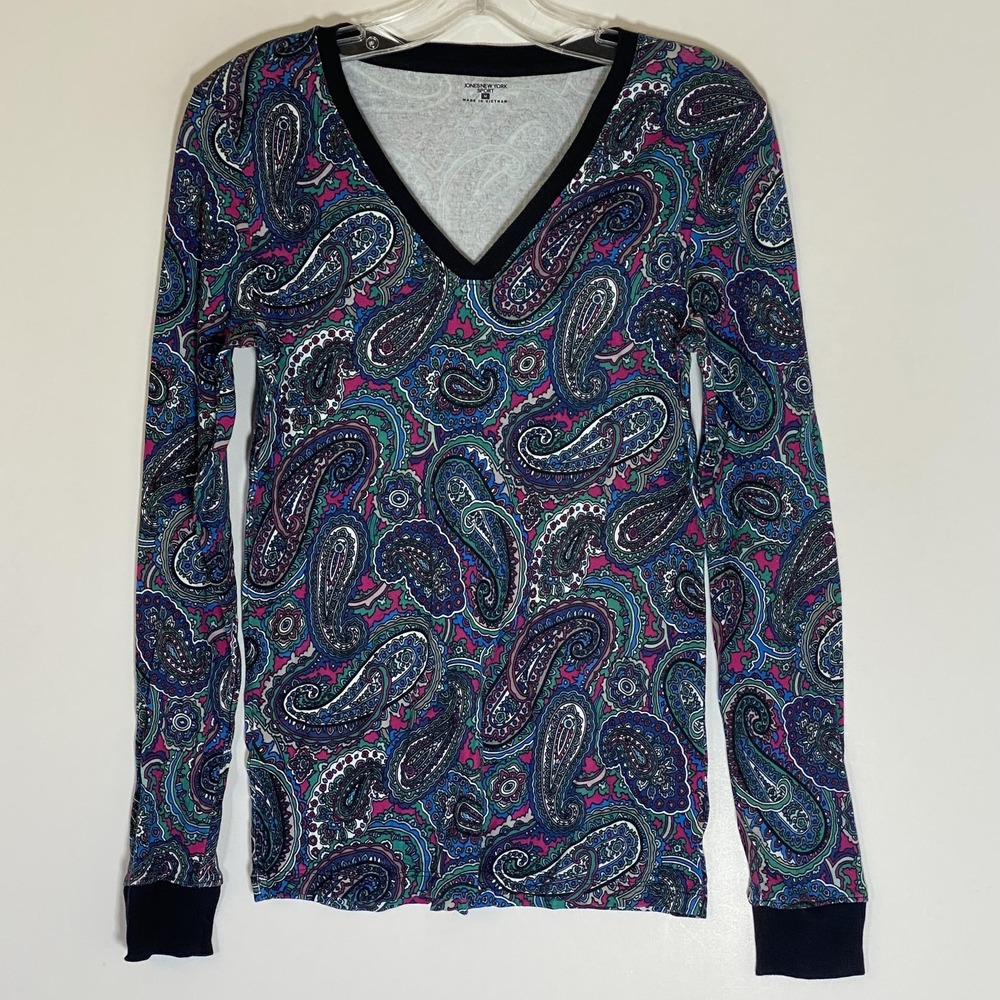 Jones New York Sport Shirt Womens Medium Paisley V Neck Long Sleeve Knit Top
